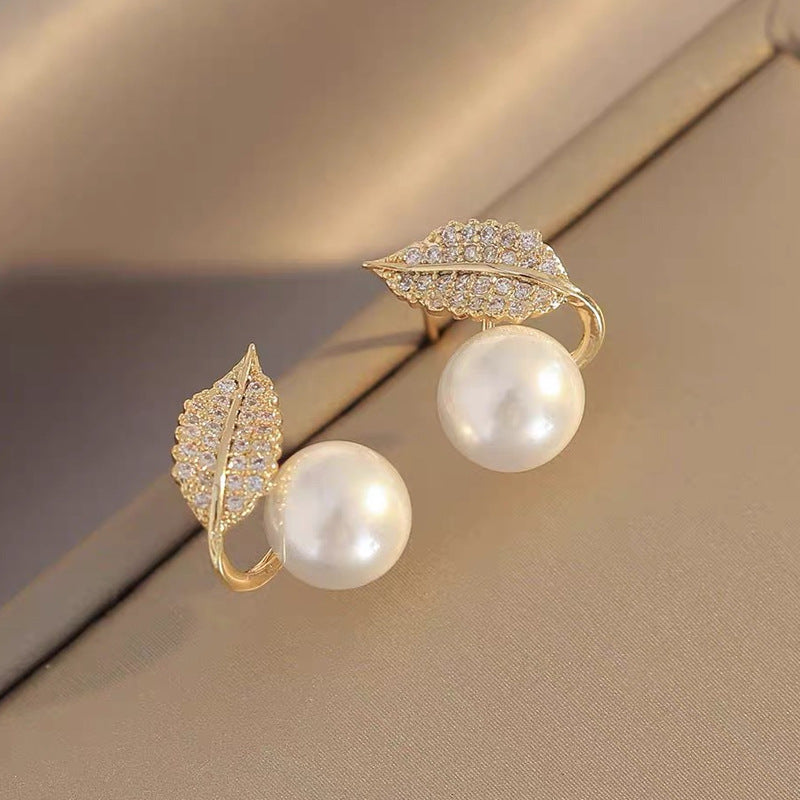 French Leaf Design Pearl Stud Earrings