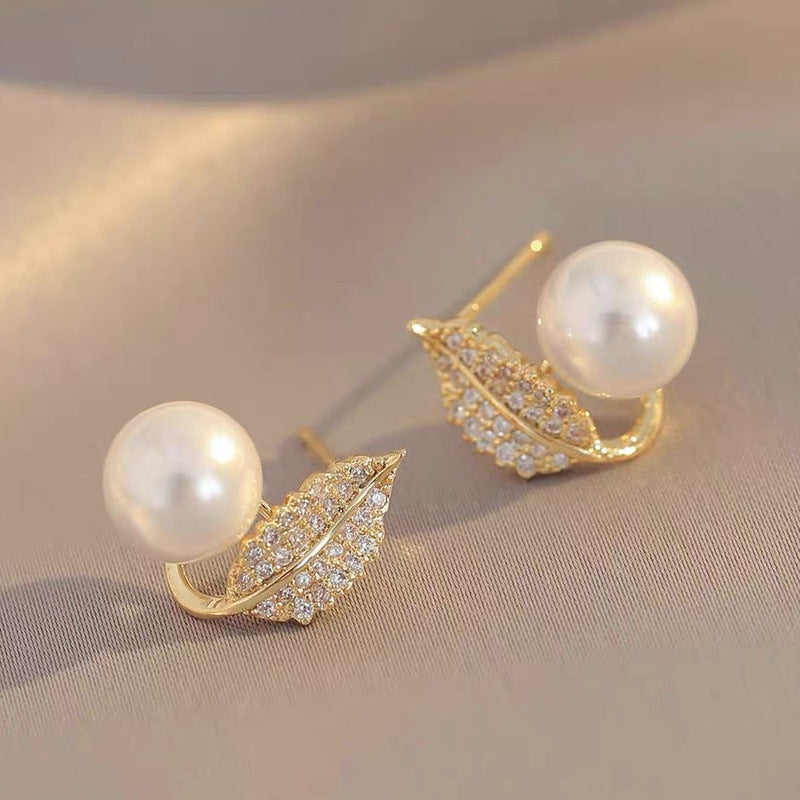 French Leaf Design Pearl Stud Earrings