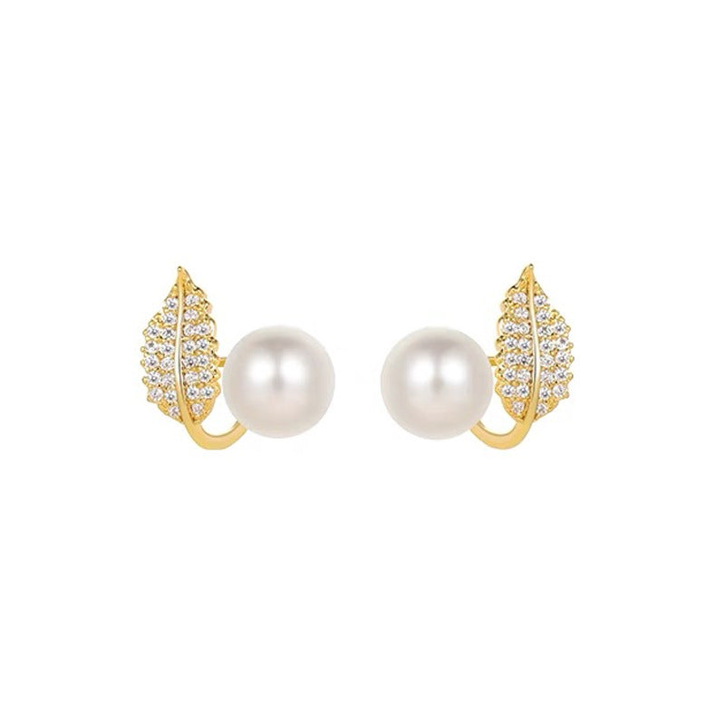 French Leaf Design Pearl Stud Earrings