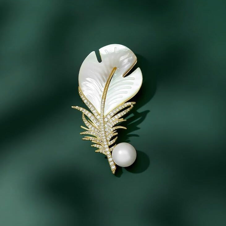 Feather Design Pearl Brooch