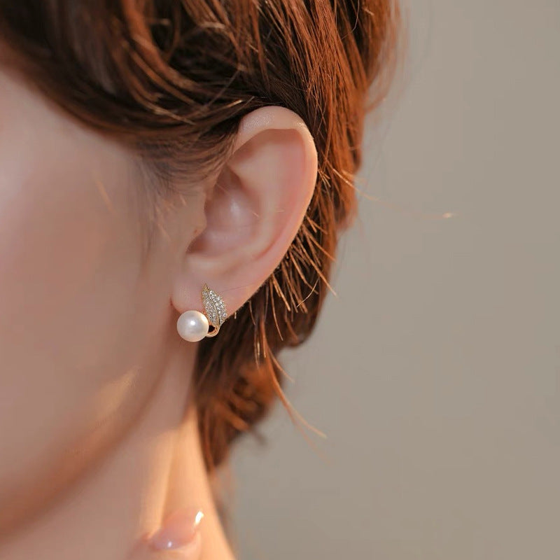 French Leaf Design Pearl Stud Earrings