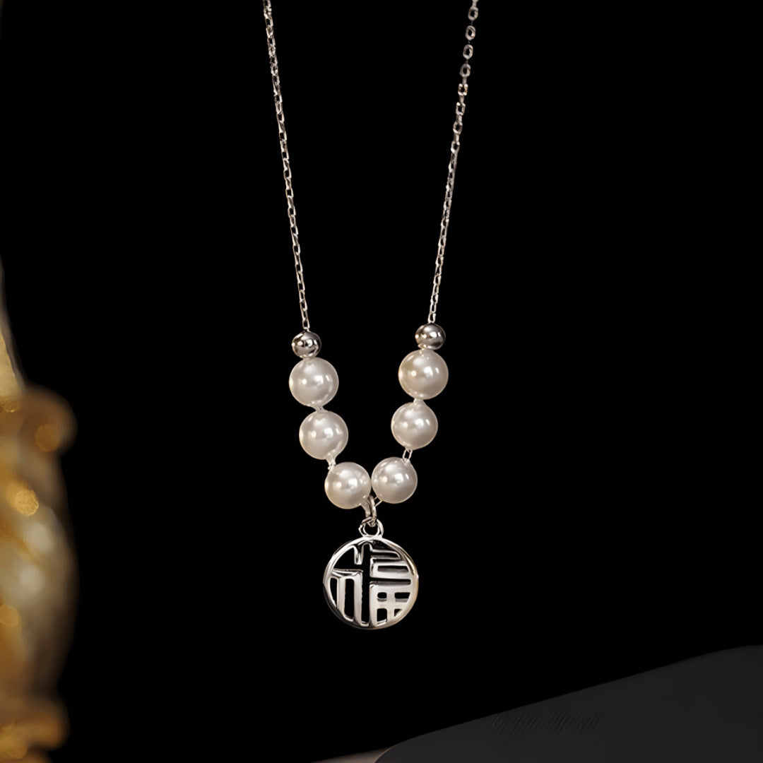 Fu character crystal pearl design silver necklace